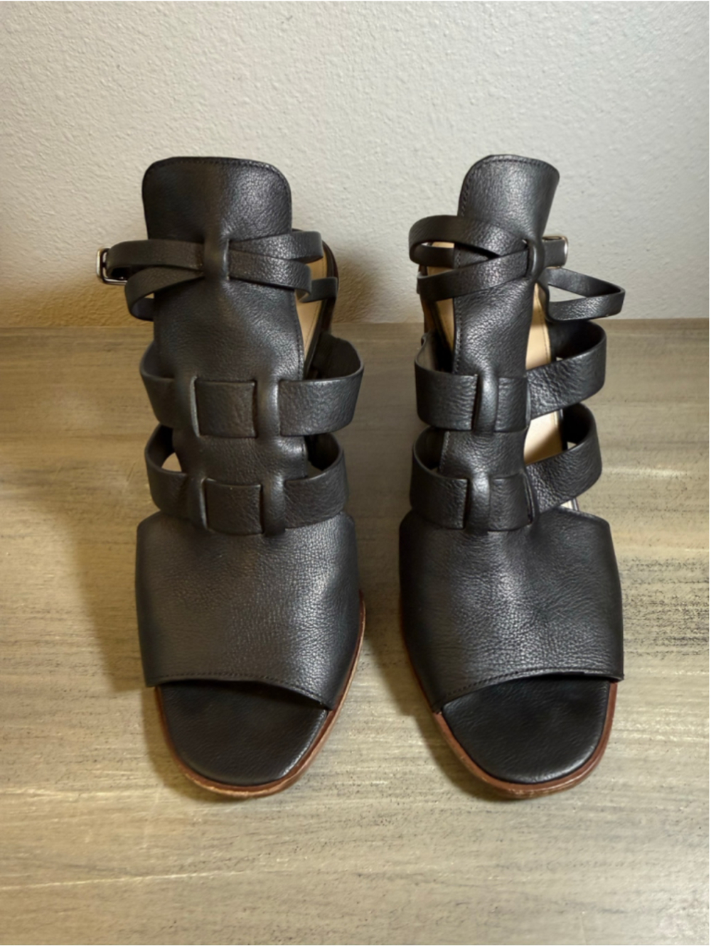 Via Spiga Brandina Black Leather Strappy Block Heel Cage Sandals Size 9M